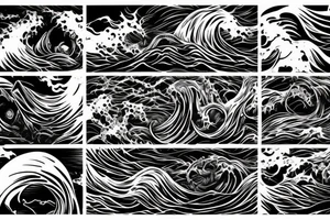 demon mask, ocean wave on the background, realistic, one composition, detailed, scary, sorrow, cool, blood tattoo idea