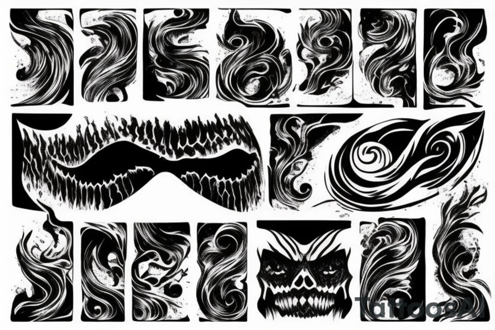 demon mask, ocean wave on the background, realistic, one composition, detailed, scary, sorrow, cool, blood tattoo idea