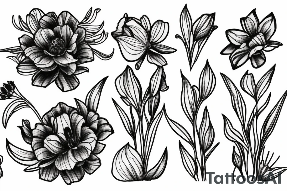 Fine line tattoo of flower bouquet including a lily, peony, daisy, and iris tattoo idea