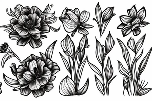Fine line tattoo of flower bouquet including a lily, peony, daisy, and iris tattoo idea
