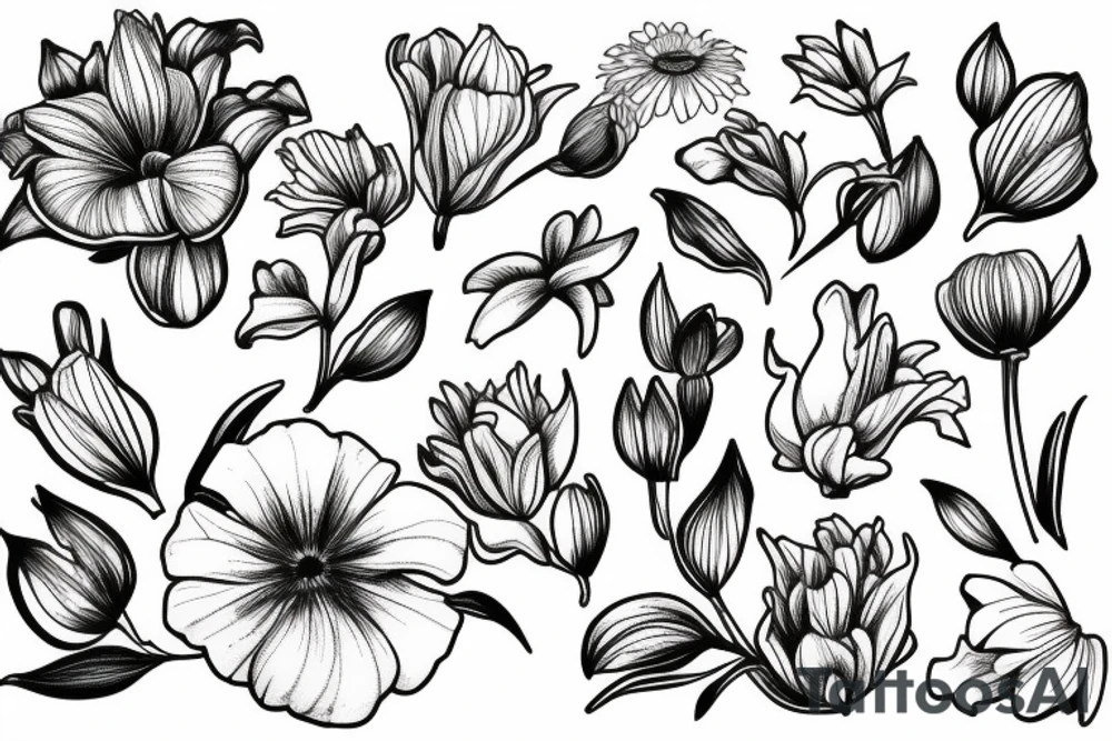 Fine line tattoo of flower bouquet including a lily, peony, daisy, and iris tattoo idea