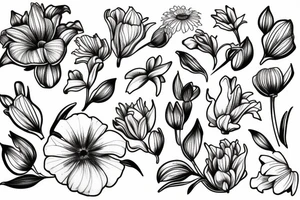 Fine line tattoo of flower bouquet including a lily, peony, daisy, and iris tattoo idea