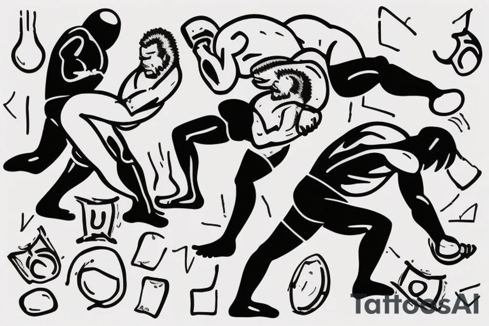 Two men fighting each other, wrestling, one on top beating the man on bottom with a rock tattoo idea