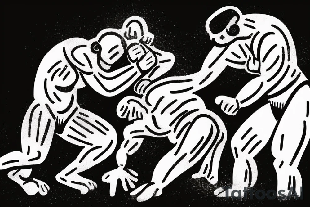 Two men fighting each other, wrestling, one on top beating the man on bottom with a rock tattoo idea
