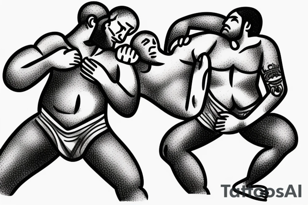 Two men fighting each other, wrestling, one on top beating the man on bottom with a rock tattoo idea