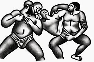Two men fighting each other, wrestling, one on top beating the man on bottom with a rock tattoo idea