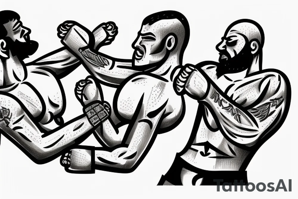 Two men fighting each other, wrestling, one on top beating the man on bottom with a rock tattoo idea
