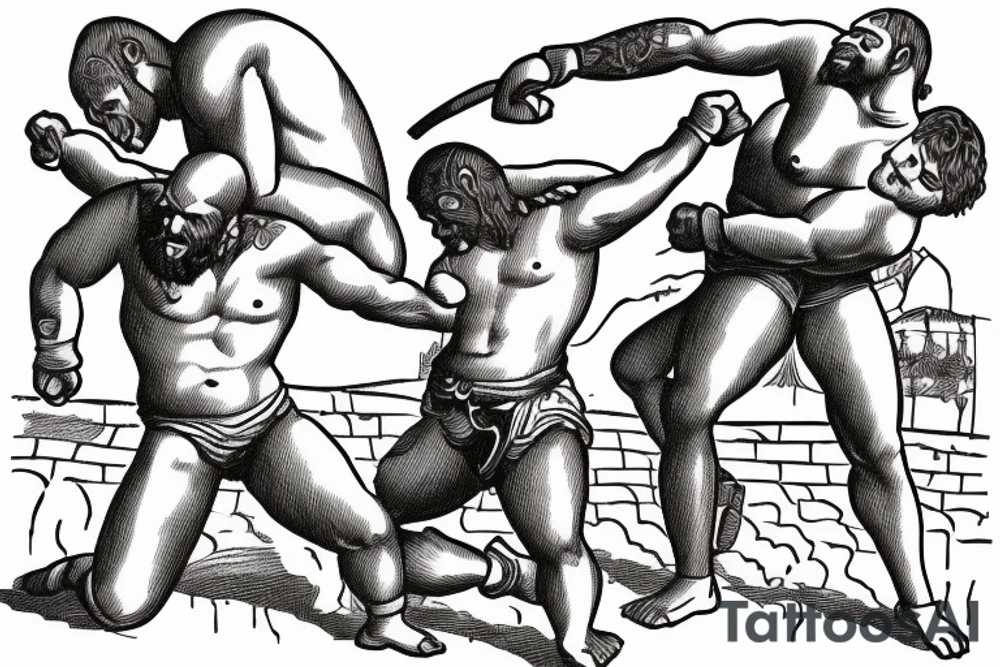 Two men fighting each other, wrestling, one on top beating the man on bottom with a rock, engraving style tattoo idea