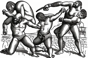 Two men fighting each other, wrestling, one on top beating the man on bottom with a rock, engraving style tattoo idea