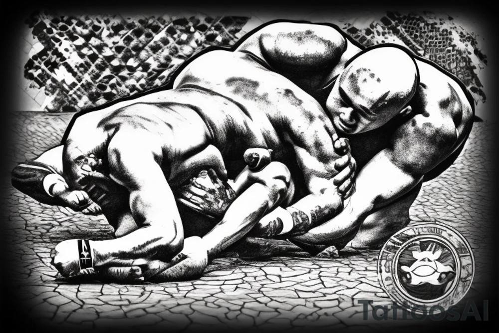 Two men fighting each other, wrestling, one on top beating the man on bottom with a rock, engraving style tattoo idea