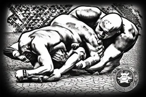 Two men fighting each other, wrestling, one on top beating the man on bottom with a rock, engraving style tattoo idea