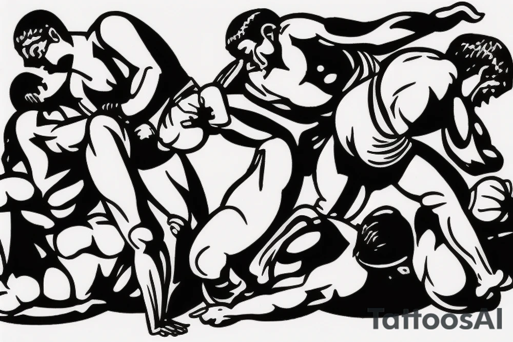 Two men fighting each other, wrestling, one on top beating the man on bottom with a rock, engraving style tattoo idea