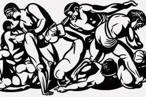 Two men fighting each other, wrestling, one on top beating the man on bottom with a rock, engraving style tattoo idea