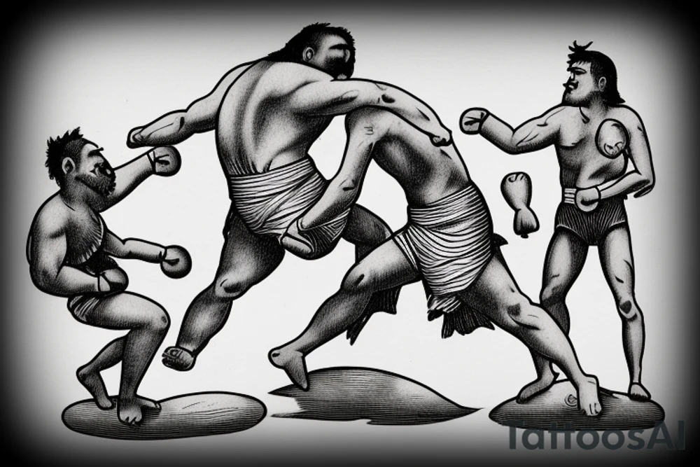 Two men fighting each other, wrestling, one on top beating the man on bottom with a rock, engraving style tattoo idea