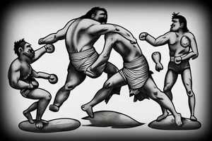 Two men fighting each other, wrestling, one on top beating the man on bottom with a rock, engraving style tattoo idea