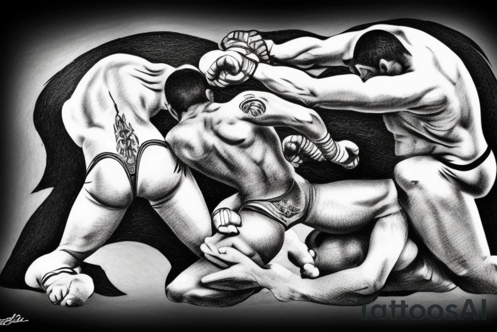 Two men fighting each other, wrestling, one on top beating the man on bottom with a rock, engraving style tattoo idea