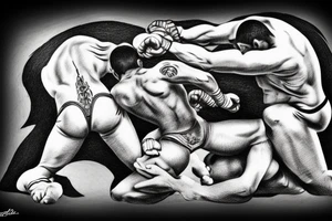 Two men fighting each other, wrestling, one on top beating the man on bottom with a rock, engraving style tattoo idea
