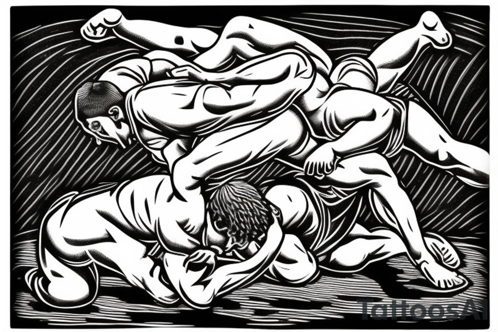 Two men fighting each other, wrestling, one on top beating the man on bottom with a rock, engraving style tattoo idea