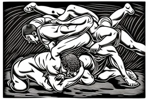 Two men fighting each other, wrestling, one on top beating the man on bottom with a rock, engraving style tattoo idea
