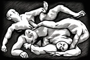Two men fighting each other, wrestling, one on top beating the man on bottom with a rock, engraving style tattoo idea