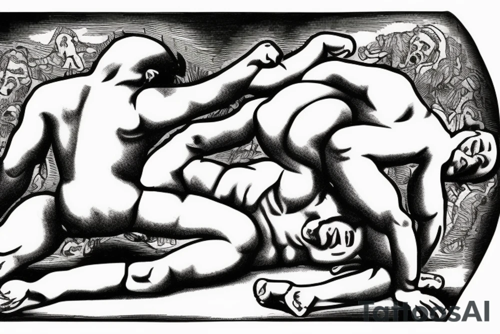 Two men fighting each other, wrestling, one on top beating the man on bottom with a rock, engraving style tattoo idea