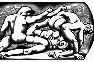 Two men fighting each other, wrestling, one on top beating the man on bottom with a rock, engraving style tattoo idea
