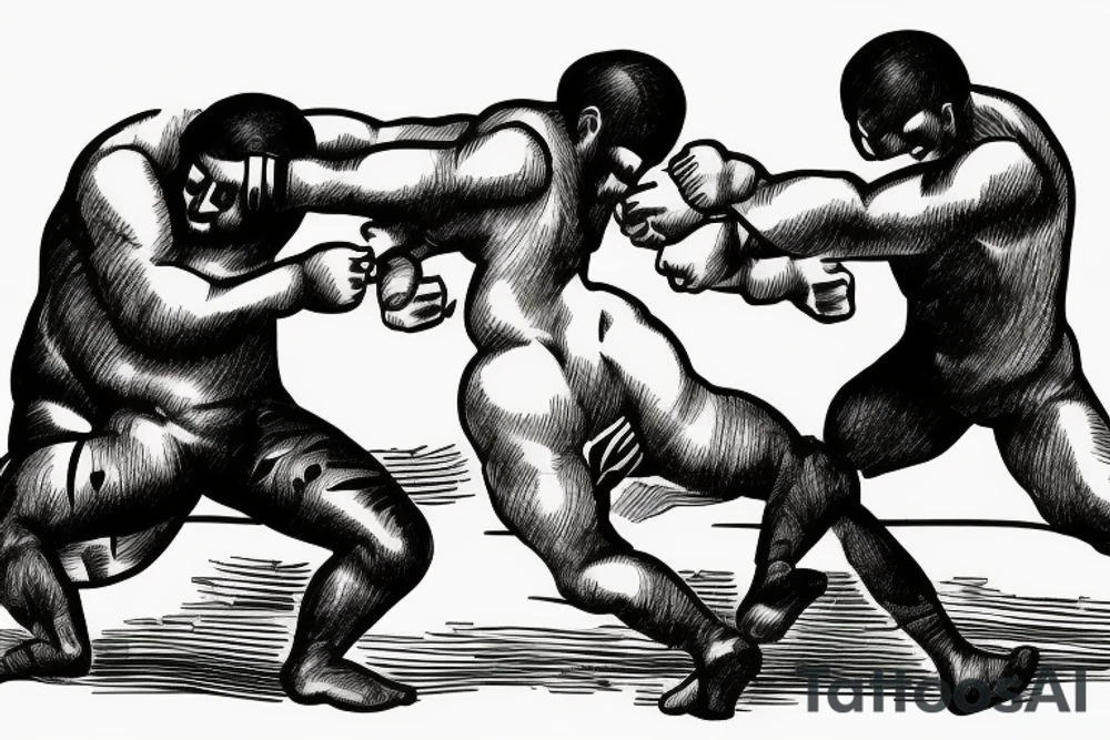 Two men fighting each other, wrestling, one on top beating the man on bottom with a rock, engraving style tattoo idea