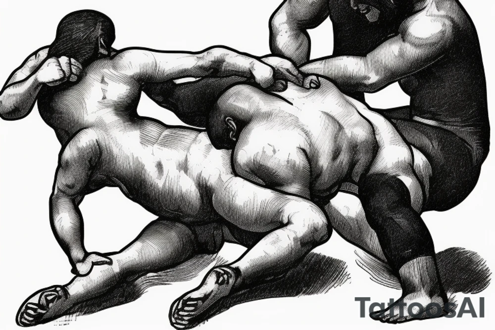Two men fighting each other, wrestling, one on top beating the man on bottom with a rock, engraving style tattoo idea