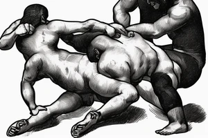 Two men fighting each other, wrestling, one on top beating the man on bottom with a rock, engraving style tattoo idea