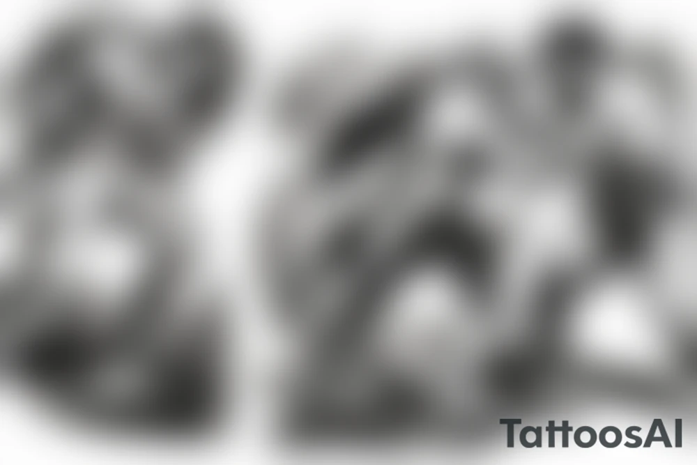 Two men fighting each other, one on top beating the man on bottom with a rock, engraving style tattoo idea