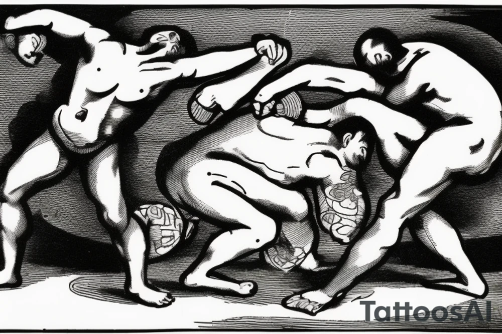 Two men fighting each other, one on top beating the man on bottom with a rock, engraving style tattoo idea