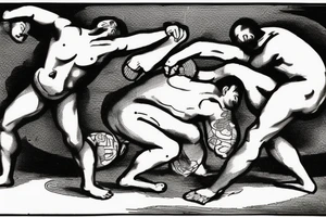 Two men fighting each other, one on top beating the man on bottom with a rock, engraving style tattoo idea