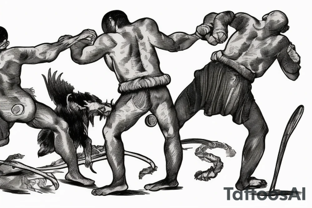 Two men fighting each other, one on top beating the man on bottom with a rock, engraving style tattoo idea
