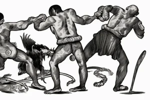Two men fighting each other, one on top beating the man on bottom with a rock, engraving style tattoo idea
