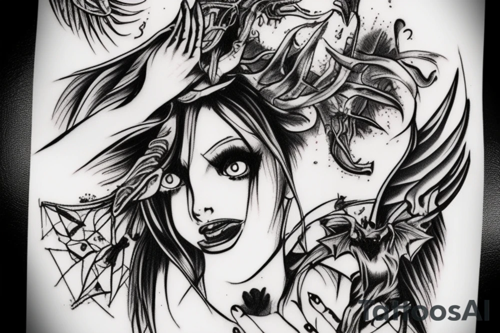 Demon Succubus getting head opened by demon hands tattoo idea