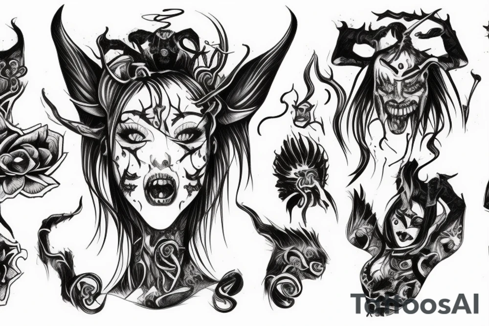 Demon Succubus getting head opened by demon hands tattoo idea