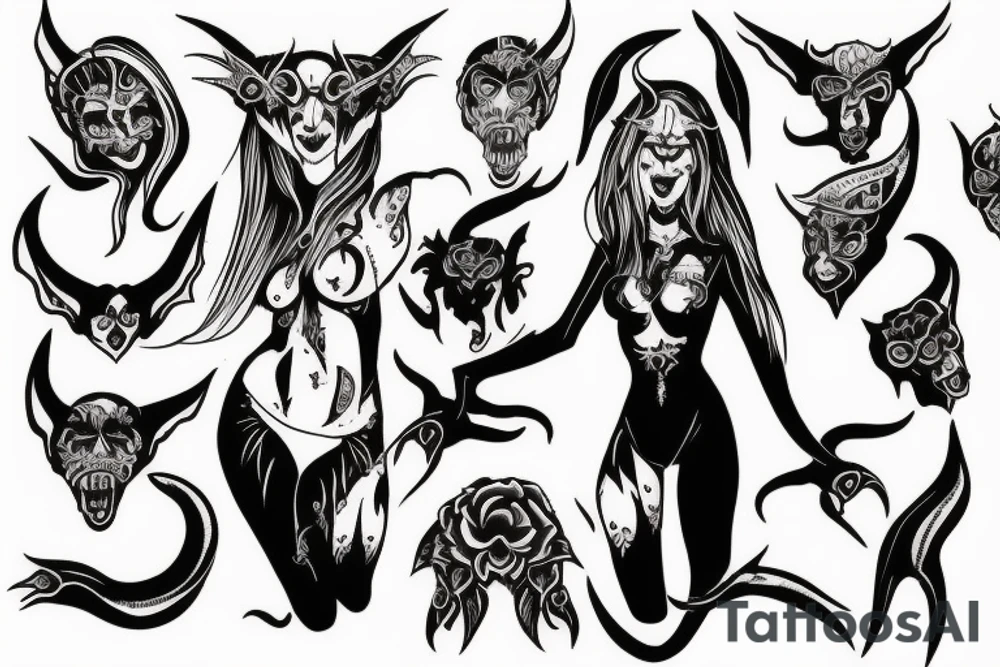 Demon Succubus with her head being opened by hands tattoo idea