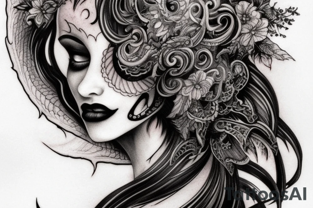 This captivating tattoo design showcases the essence of duality and exploration. At its core is the visage of a beguiling demoness, reminiscent of a succubus, exuding an aura of mystique and power. However, what sets this tattoo apart is the mesmerizing interplay between the supernatural and the cerebral.

In this intricate artwork, the demon girl's head becomes a portal to the enigmatic realm of the mind. Two hands delicately cradle the open cranial space, revealing a stunning representation of the human brain. The juxtaposition of dark allure and intellectual curiosity symbolizes the limitless depth of our inner worlds.

The tattoo serves as a testament to the complexity of human nature, reflecting the constant struggle between desire and reason, between light and darkness. It beckons viewers to explore the profound layers of their own psyche, embracing the uncharted territories that lie within.

"The Enigma Unveiled" tattoo encapsulates a harmonious blend of seductive allure, intellectual curiosity, and introspection—a captivating symbol of self-discovery and the boundless possibilities of the human mind. tattoo idea