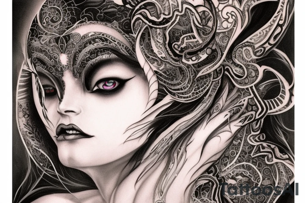 This captivating tattoo design showcases the essence of duality and exploration. At its core is the visage of a beguiling demoness, reminiscent of a succubus, exuding an aura of mystique and power. However, what sets this tattoo apart is the mesmerizing interplay between the supernatural and the cerebral.

In this intricate artwork, the demon girl's head becomes a portal to the enigmatic realm of the mind. Two hands delicately cradle the open cranial space, revealing a stunning representation of the human brain. The juxtaposition of dark allure and intellectual curiosity symbolizes the limitless depth of our inner worlds.

The tattoo serves as a testament to the complexity of human nature, reflecting the constant struggle between desire and reason, between light and darkness. It beckons viewers to explore the profound layers of their own psyche, embracing the uncharted territories that lie within.

"The Enigma Unveiled" tattoo encapsulates a harmonious blend of seductive allure, intellectual curiosity, and introspection—a captivating symbol of self-discovery and the boundless possibilities of the human mind. tattoo idea