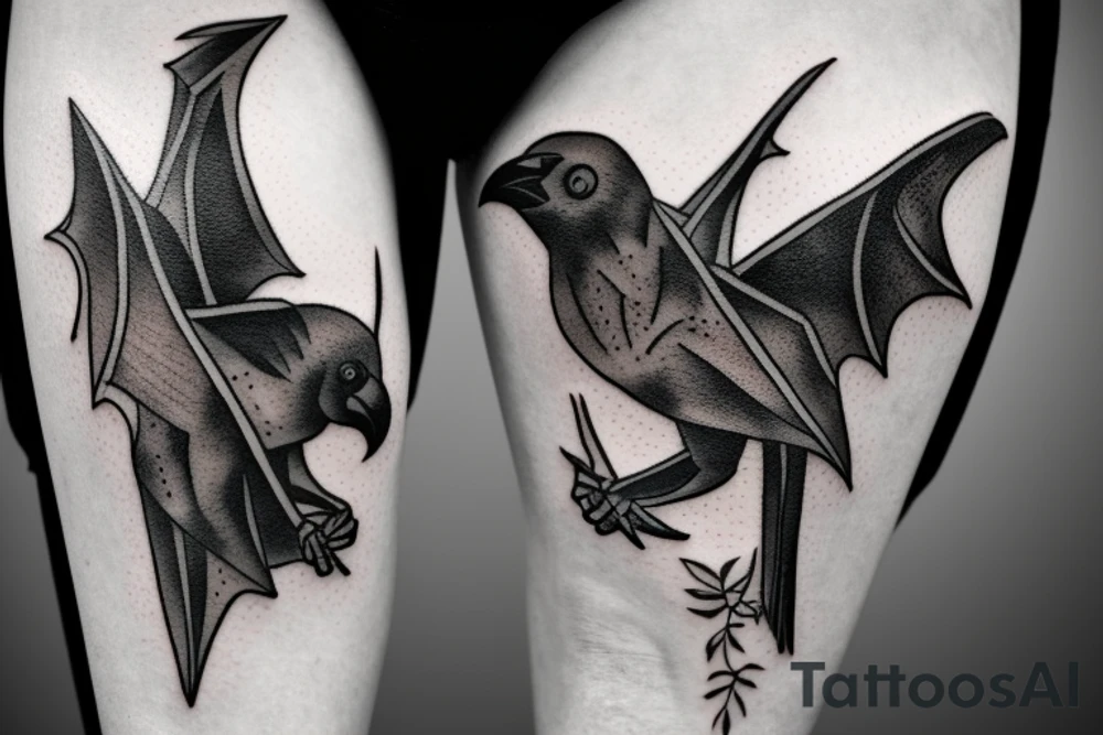 bat fighting a crow tattoo idea