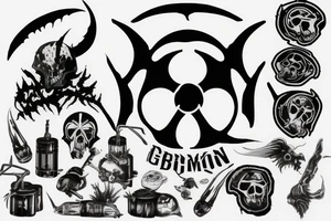 biohazard demon dropping gas cans tattoo idea