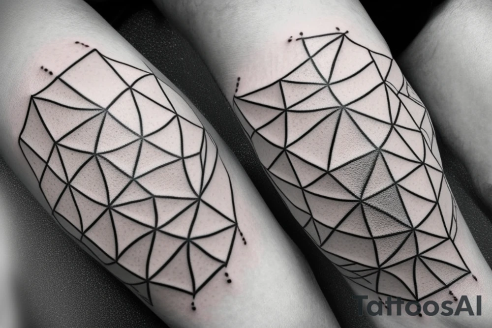 A Ballon skin is pressed against Metal with a Rough surface. The metal has a geometrical pattern of triangles cubes and circles tattoo idea