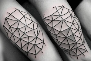 A Ballon skin is pressed against Metal with a Rough surface. The metal has a geometrical pattern of triangles cubes and circles tattoo idea