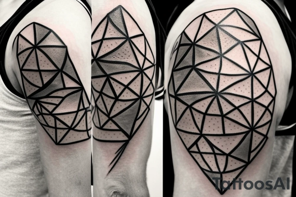 A Ballon skin is pressed against Metal with a Rough surface. The metal has a geometrical pattern of triangles cubes and circles tattoo idea