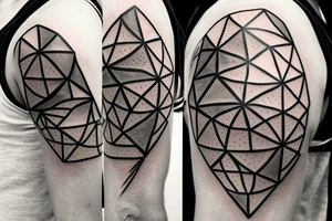 A Ballon skin is pressed against Metal with a Rough surface. The metal has a geometrical pattern of triangles cubes and circles tattoo idea