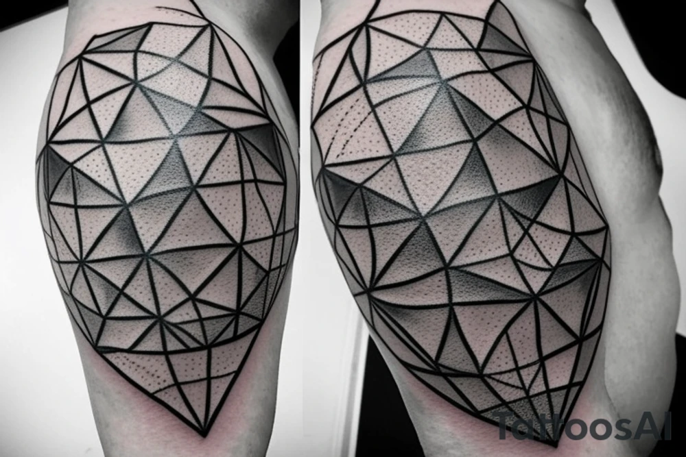A Ballon skin is pressed against Metal with a Rough surface. The metal has a geometrical pattern of triangles cubes and circles tattoo idea
