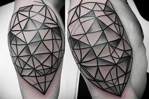 A Ballon skin is pressed against Metal with a Rough surface. The metal has a geometrical pattern of triangles cubes and circles tattoo idea
