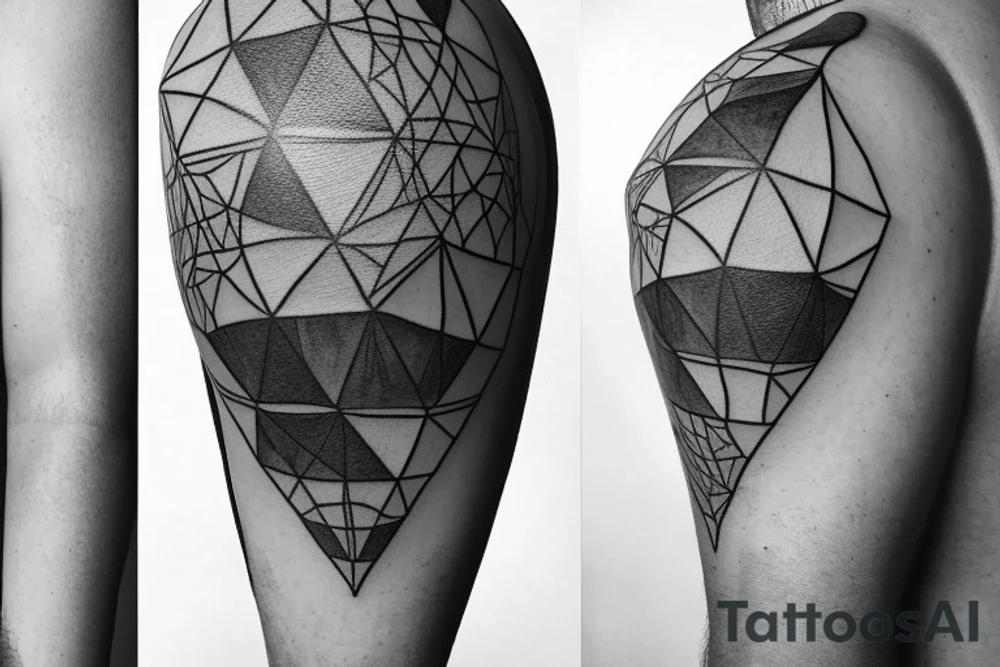 A Ballon skin is pressed against Metal with a Rough surface. The metal has a geometrical pattern of triangles cubes and circles tattoo idea