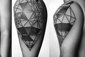 A Ballon skin is pressed against Metal with a Rough surface. The metal has a geometrical pattern of triangles cubes and circles tattoo idea