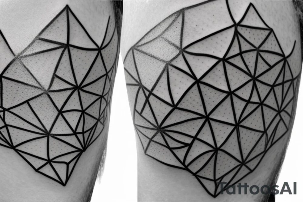 A Ballon skin is pressed against Metal with a Rough surface. The metal has a geometrical pattern of triangles cubes and circles tattoo idea